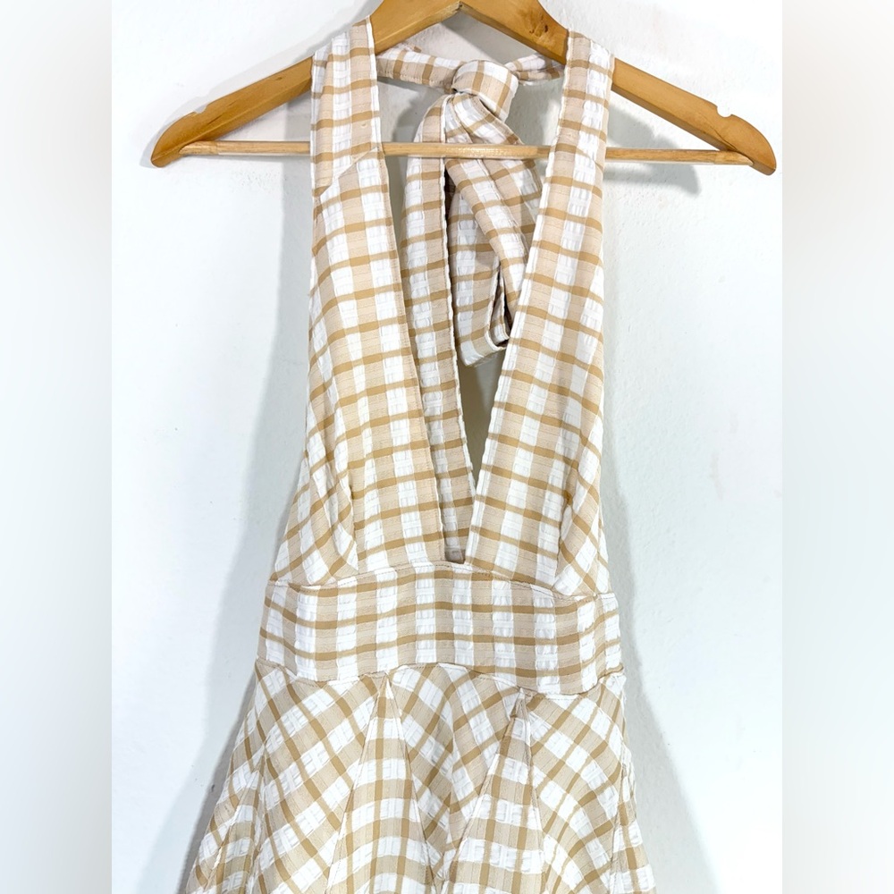 Free People “Do the Twist” Halter Mini Dress Gingham Ivory Combo Size 6 - Picture 6 of 11